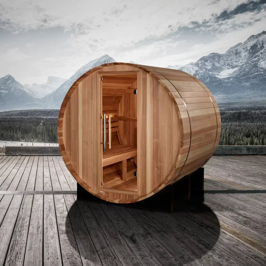 Golden Designs Barrel with Bronze Privacy View – Traditional Sauna – Pacific Cedar | GDI-B024-01 / Zurich | 4 Person