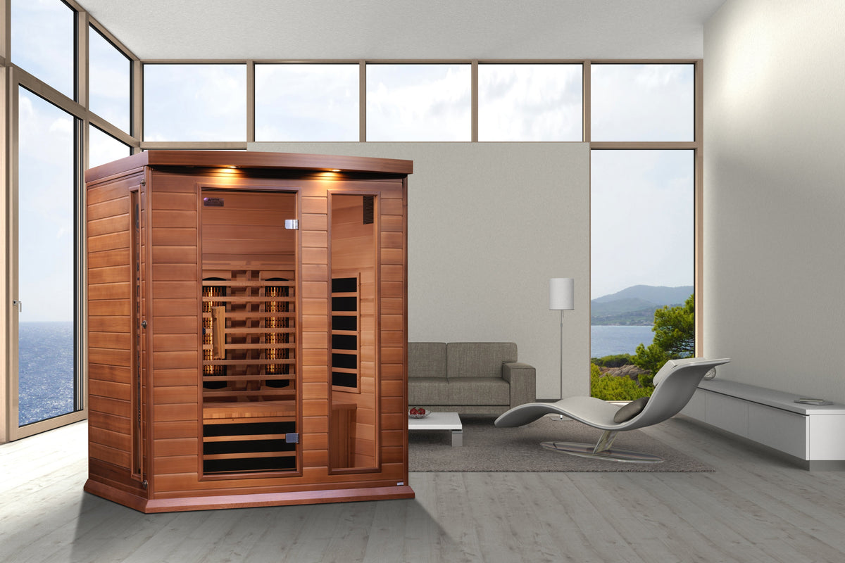 Infrared sauna in a modern living room with large windows overlooking a scenic view.