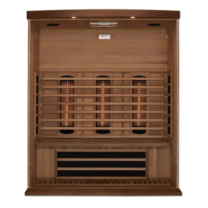 Wooden sauna with full spectrum infrared heat and interior lights.