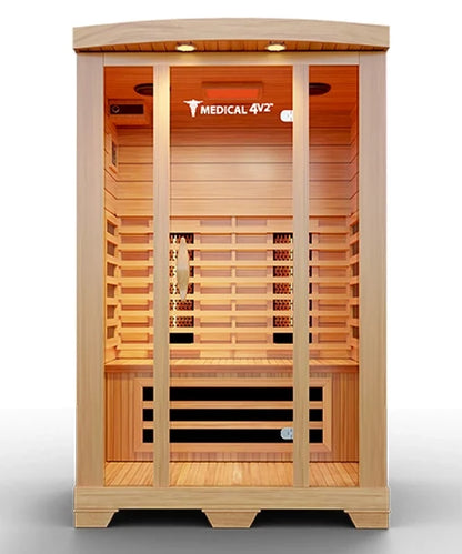 Wooden infrared sauna with 'Medical 4V2' branding on a white background