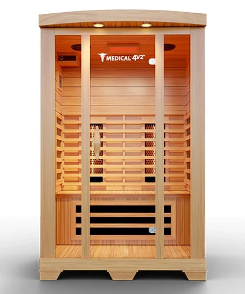 Wooden infrared sauna with 'Medical 4V2' branding on a white background
