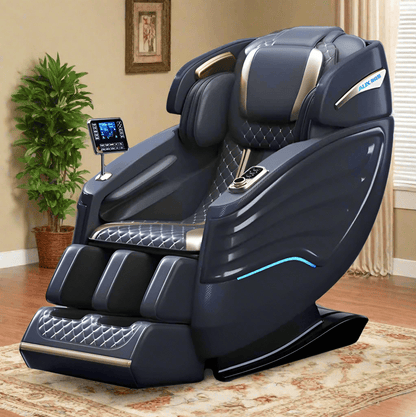 Black massage chair in a room with a plant and wall art